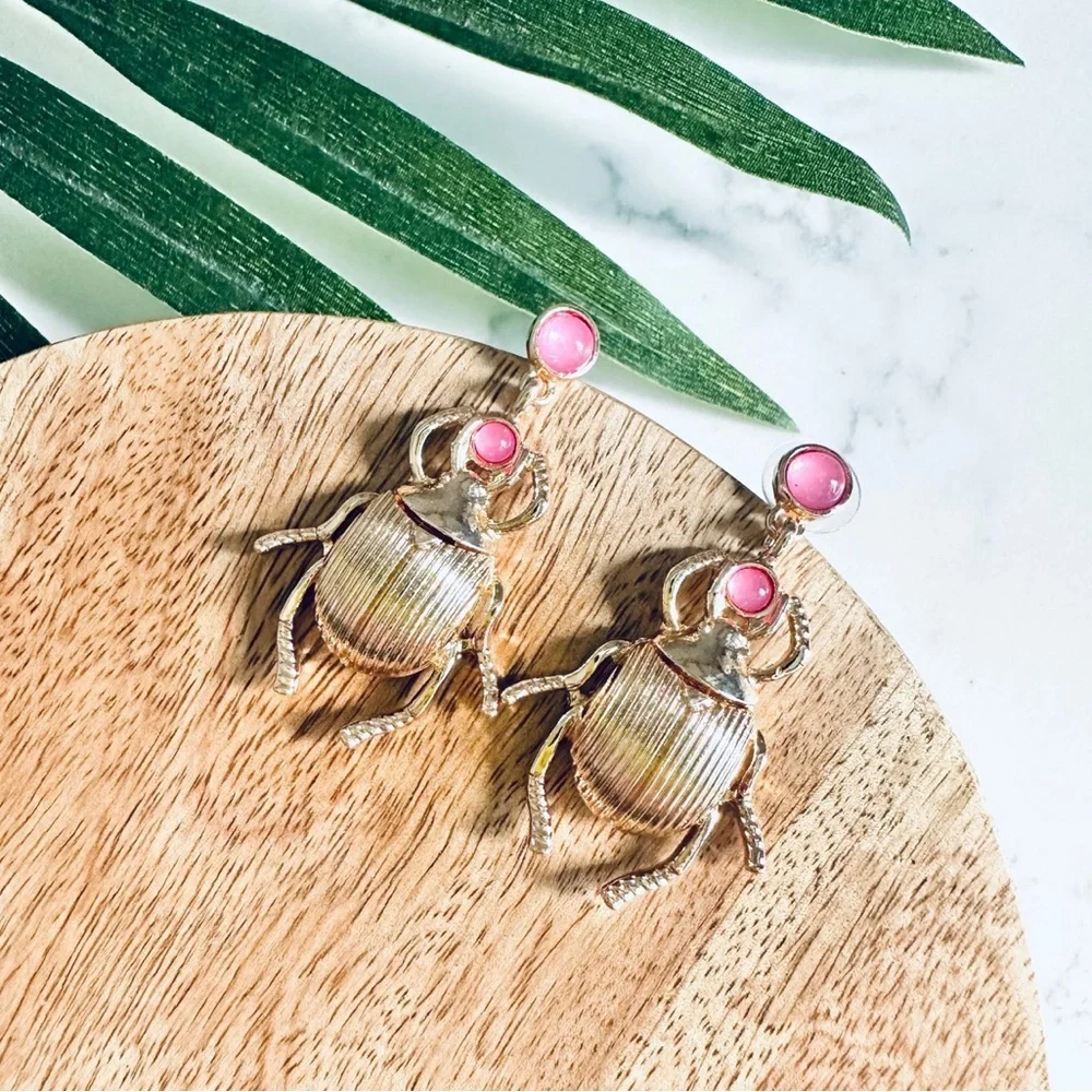 2/$30🌵 Egyptian Scarab Beetle Earrings Insect Gold Pink Art Nouveau Bug NEW